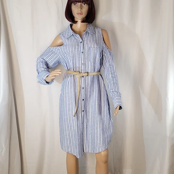 Hope & Harlow Blue and White Stiped Linen Blend Shirt Dress, Women's Size 12 - Picture 8 of 8
